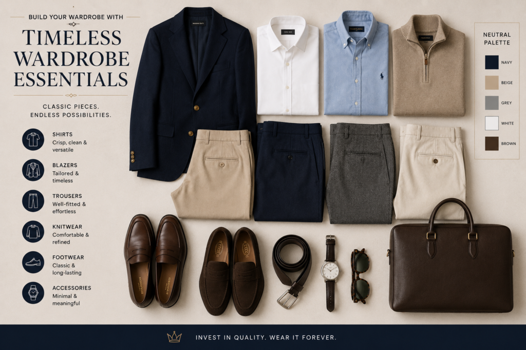 Flat-lay wardrobe guide showcasing timeless menswear essentials associated with the old money aesthetic. The image features a navy blazer, white and light blue dress shirts, a beige quarter-zip sweater, tailored trousers in neutral colors, leather loafers, a belt, wristwatch, sunglasses, and a brown leather briefcase. A side panel highlights key wardrobe categories and a neutral color palette including navy, beige, grey, white, and brown.