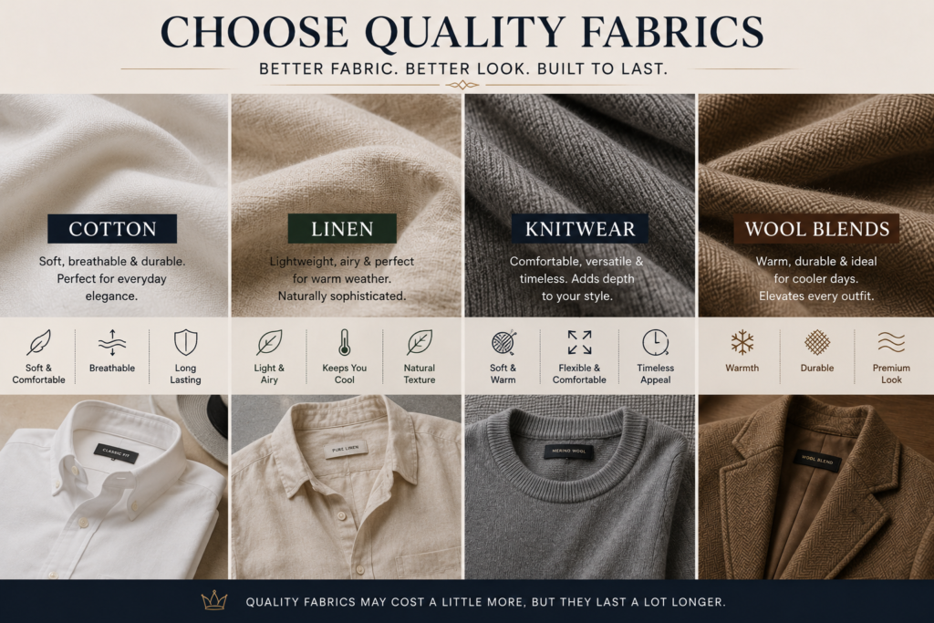 Infographic titled “Choose Quality Fabrics” comparing four timeless clothing materials—cotton, linen, knitwear, and wool blends. Each section highlights fabric textures, key benefits, and example garments, including a white cotton shirt, beige linen shirt, gray knit sweater, and brown wool blazer. The design uses neutral tones and elegant styling associated with classic fashion.