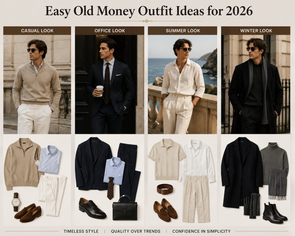Infographic titled “Easy Old Money Outfit Ideas for 2026” featuring four classic menswear outfit categories: Casual Look, Office Look, Summer Look, and Winter Look. Each section shows a model wearing the outfit along with matching wardrobe pieces such as sweaters, shirts, trousers, loafers, suits, coats, scarves, and accessories in neutral, timeless colors.