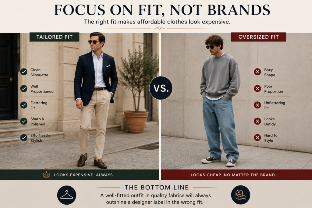 Side-by-side fashion comparison illustrating the importance of fit over brand names. On the left, a man wears a tailored navy blazer, white shirt, beige trousers, and leather loafers, demonstrating a clean, polished silhouette. On the right, another man wears an oversized gray sweatshirt and loose-fitting jeans, creating a boxy and less structured appearance. The infographic highlights the benefits of tailored clothing and contrasts them with the drawbacks of oversized fits.