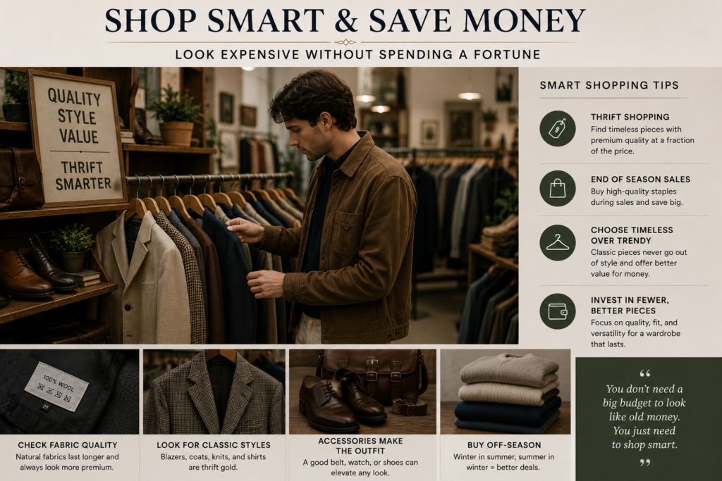 Infographic titled “Shop Smart & Save Money” featuring a shopper browsing clothing in a thrift or vintage-style store. The graphic shares smart shopping tips such as thrift shopping, buying during end-of-season sales, choosing timeless clothing over trends, and investing in fewer high-quality pieces. Additional images show fabric quality labels, classic blazers, leather accessories, and folded sweaters.