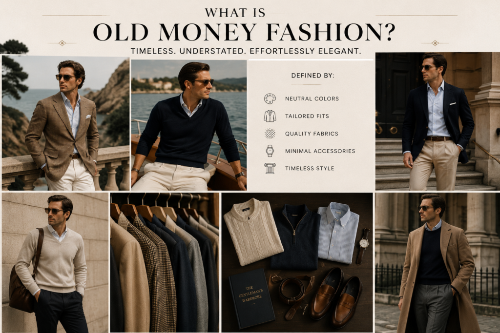 Collage-style fashion infographic explaining old money style for men. It features several well-dressed men wearing tailored blazers, knit sweaters, dress shirts, and neutral-toned trousers in elegant coastal and city settings. The center panel lists key old money fashion traits: neutral colors, tailored fits, quality fabrics, minimal accessories, and timeless style. Additional images show a curated wardrobe of classic garments, leather loafers, and understated accessories.