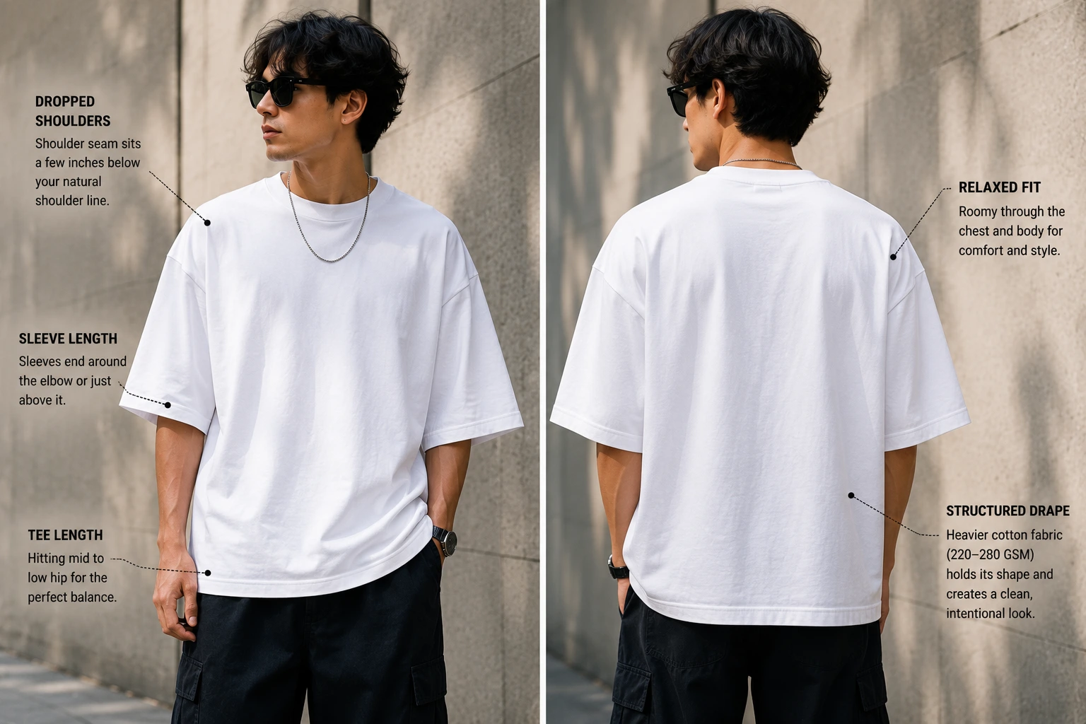 Front and back views of a white oversized T-shirt illustrating key fit features, including dropped shoulders, relaxed fit, elbow-length sleeves, structured drape, and mid-hip length.