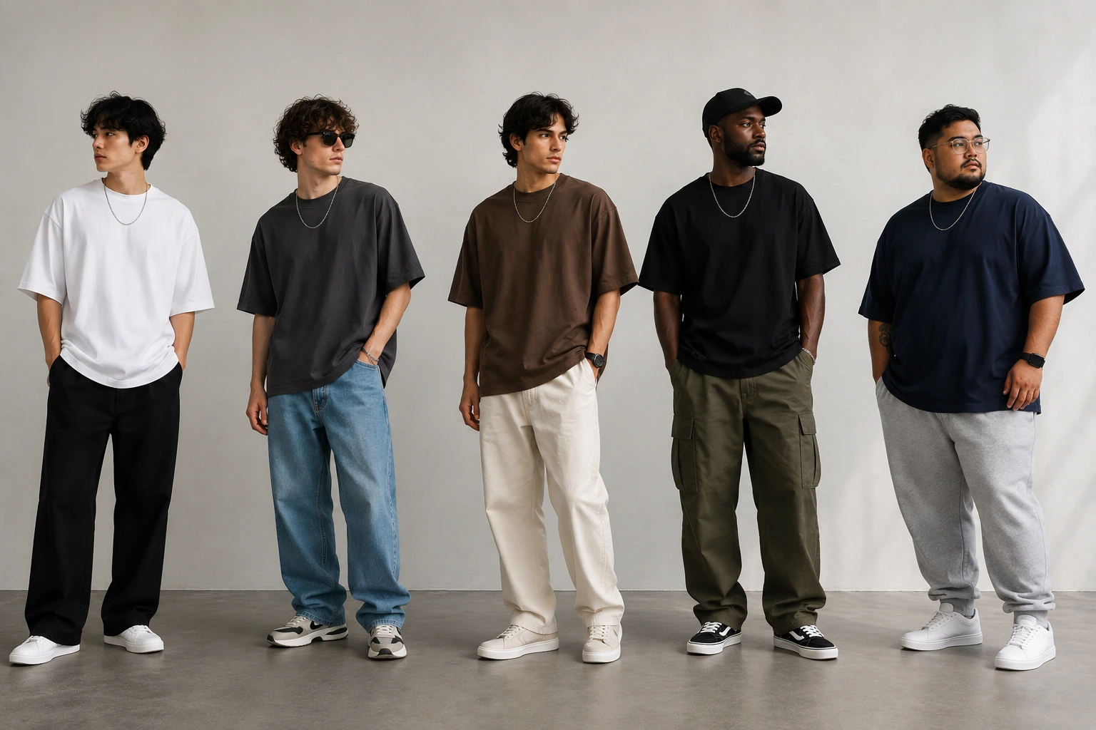 Five men with different body types wearing oversized T-shirts in various colors, showing how oversized fits complement different physiques and casual streetwear styles.