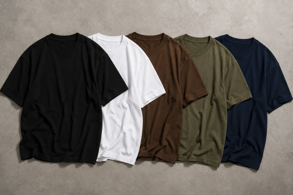 Five plain oversized T-shirts in black, white, brown, olive green, and navy blue, showing versatile color options for casual oversized fashion.