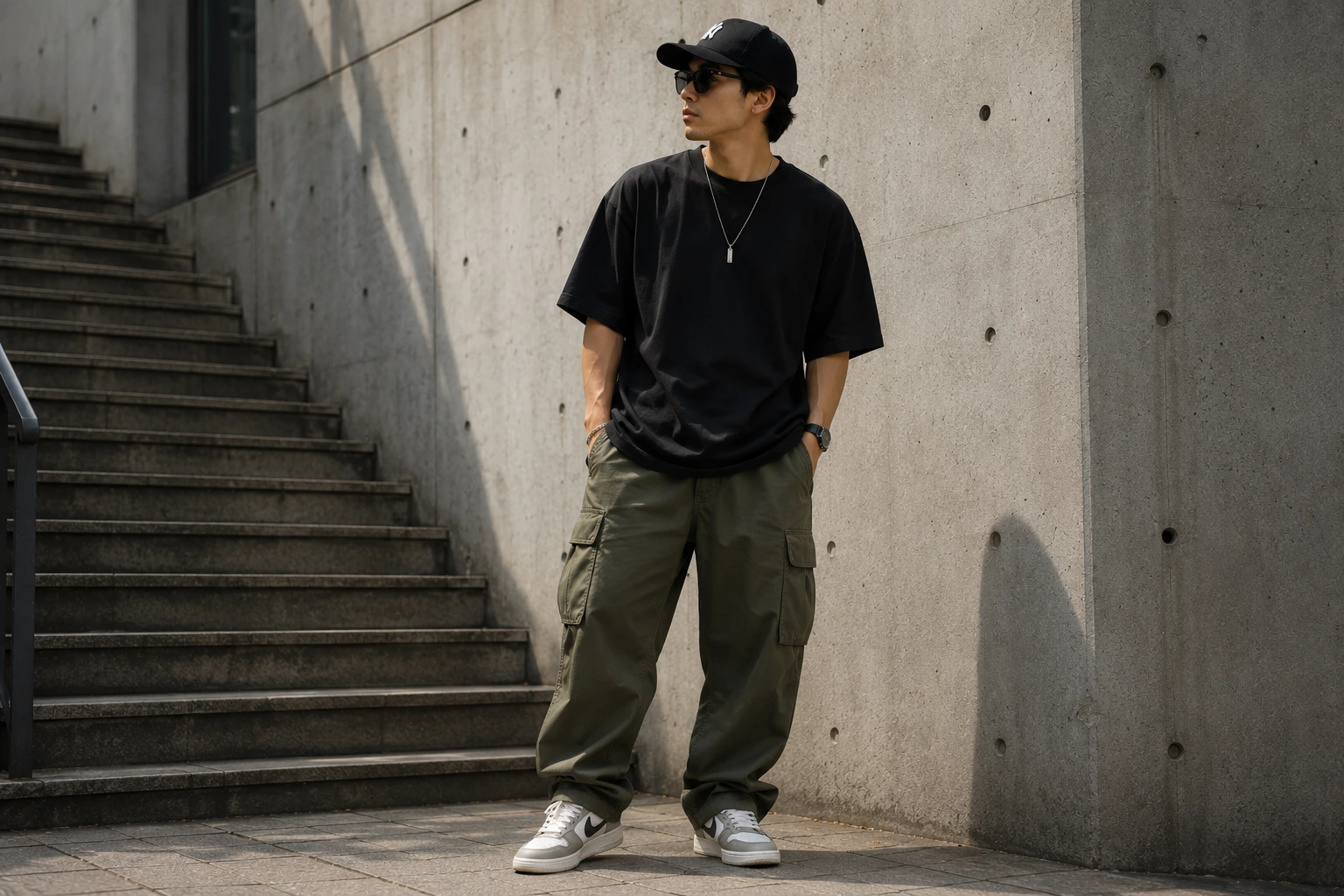Man wearing a black oversized T-shirt with olive green cargo pants, white sneakers, a black cap, and sunglasses, showcasing a casual oversized streetwear outfit.