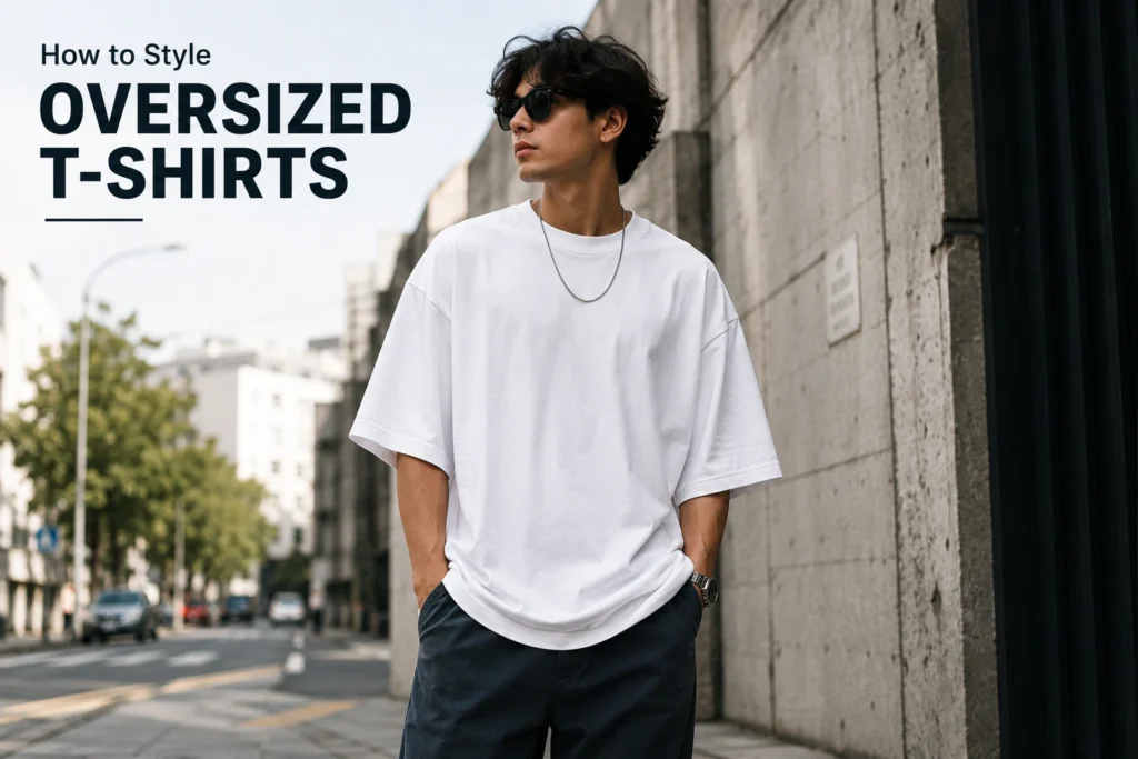 Man wearing a white oversized T-shirt with black pants and sunglasses, showcasing a casual streetwear outfit for an oversized T-shirt styling guide.
