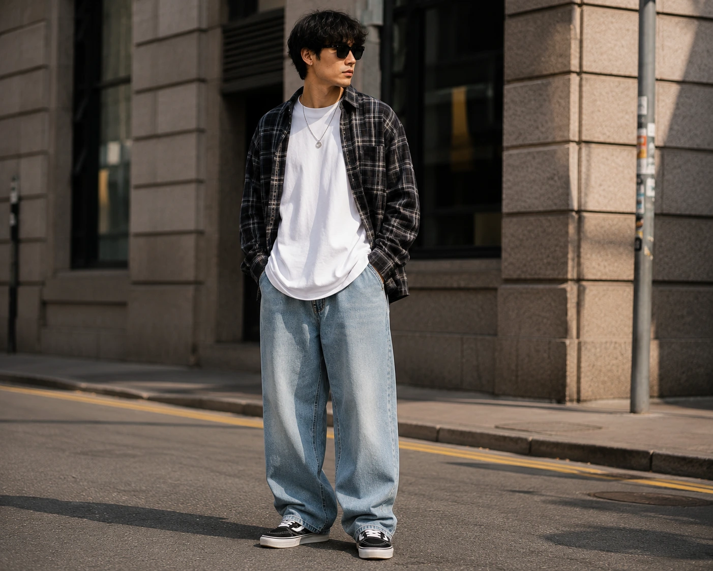 Man wearing a white oversized T-shirt layered with a black plaid overshirt, light blue baggy jeans, and sneakers, demonstrating a casual oversized streetwear outfit.