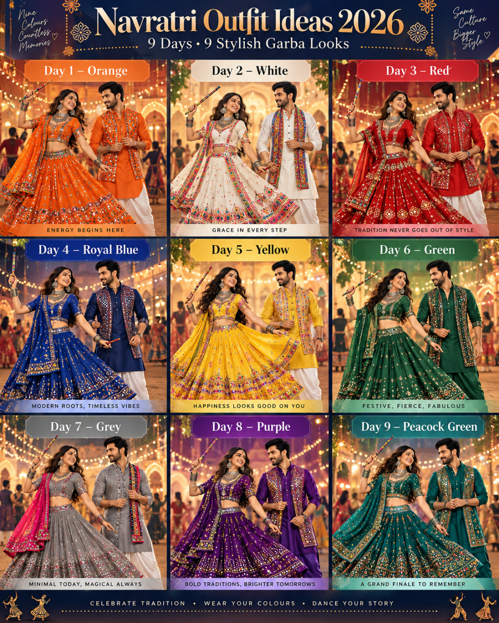 9 days Navratri colors 2026 outfit guide.
