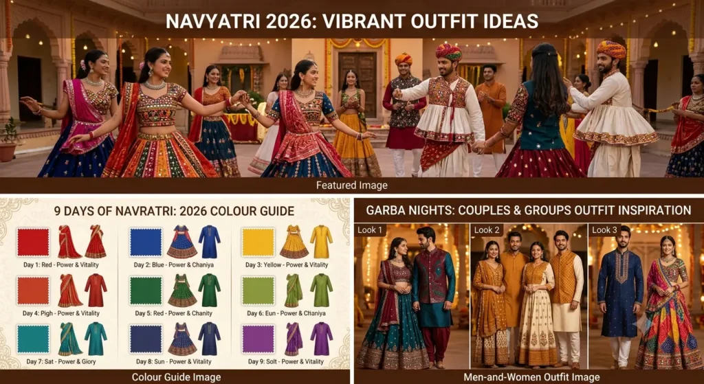  Navratri outfit ideas 2026 for garba night. Chaniya choli designs 2026 for women. Navratri outfits for men with kurta and jacket. Dandiya night outfit ideas for women and men. Place these images near relevant sections so the page feels useful, visual, and easier to read on mobile during festive shopping research and outfit planning properly.